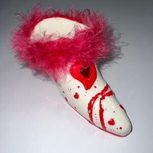 Porcelain Shoe Planter Vase Decorative Dish Feather Jewel Accent Pink Red